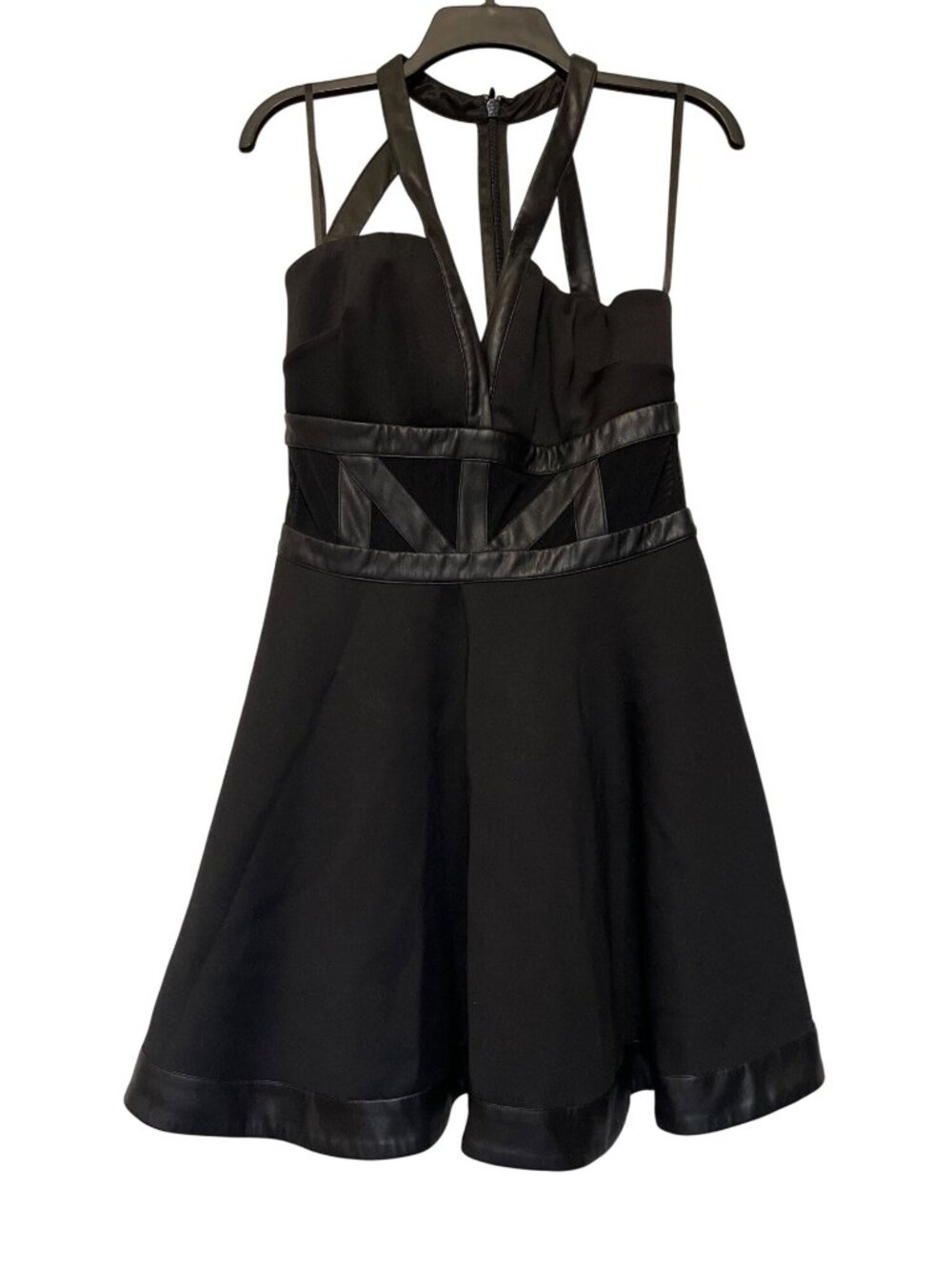 Bebe Black Strappy Neoprene Dress With Vegan Leather Trim & Sheer Mesh Panels